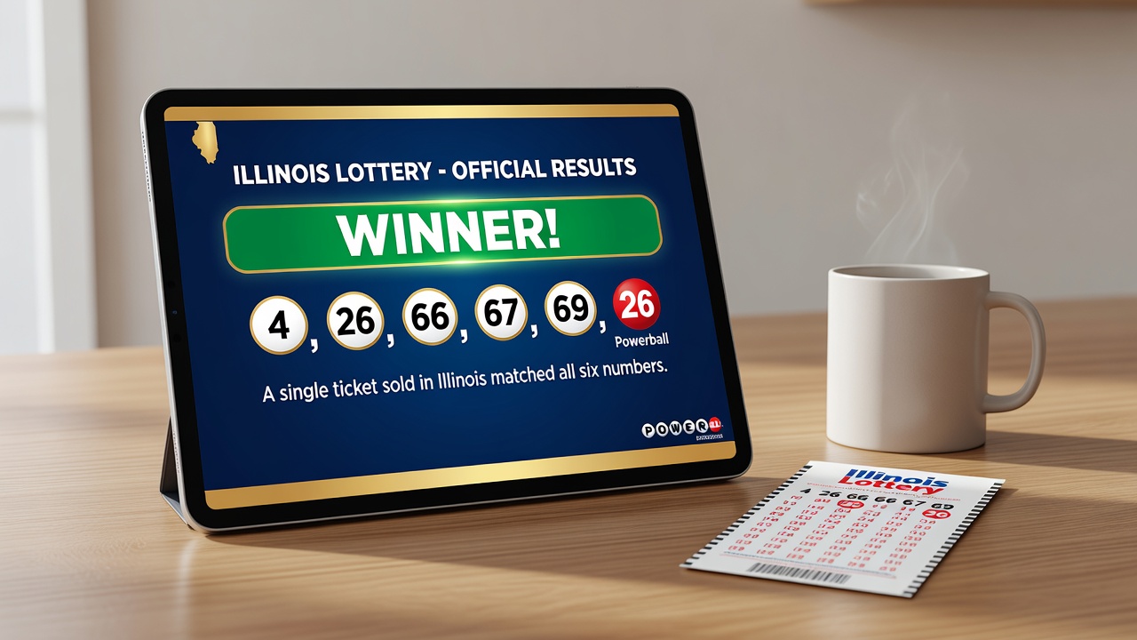 Illinois lottery retailer counter with Powerball signage and ticket sales area