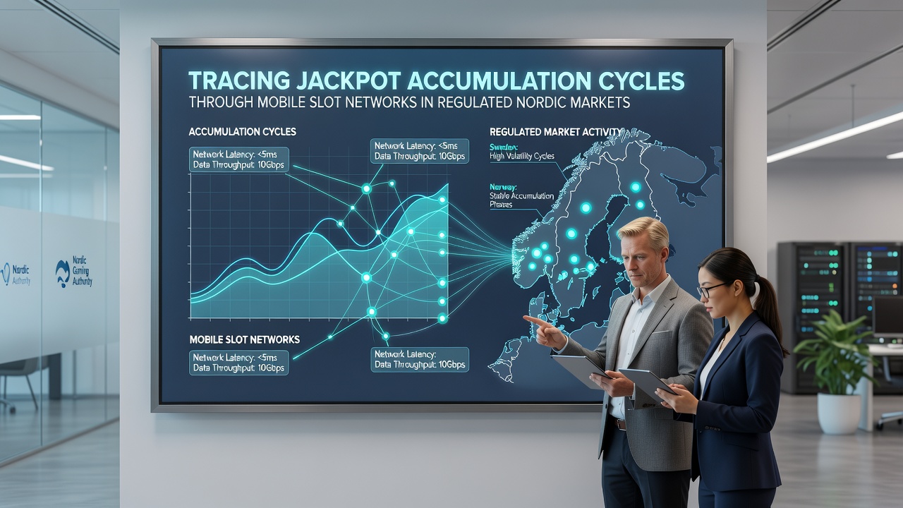 Analytics dashboard illustrating jackpot cycle timelines and mobile contribution rates in Nordic markets